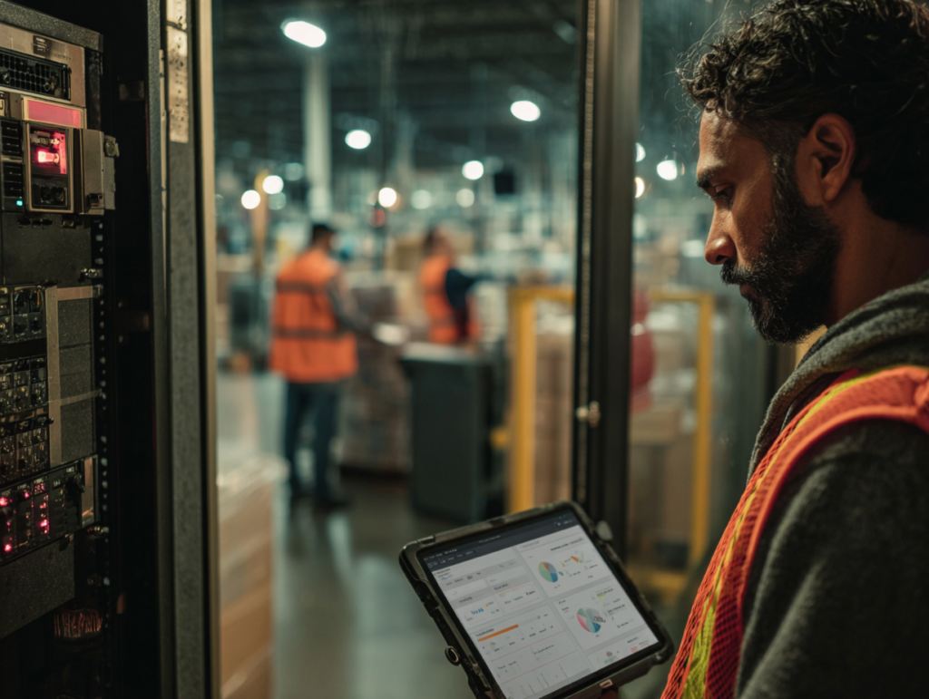 warehouse systems manager in a high-visibility vest, no helmet, stands beside a server rack room doorway holding a rugged tablet that shows a modern cloud WMS dashboard with live stock