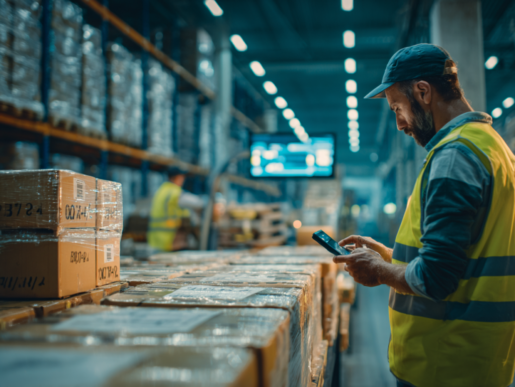 warehouse supervisor in a high-visibility vest, no helmet, scans a GS1-128 pallet label showing batch number