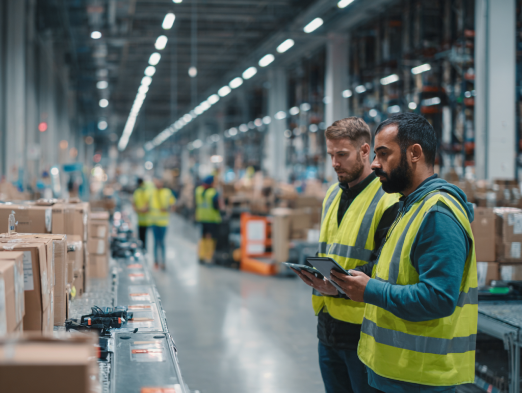 warehouse manager reviewing a live WMS onboarding dashboard on a rugged tablet showing task owners