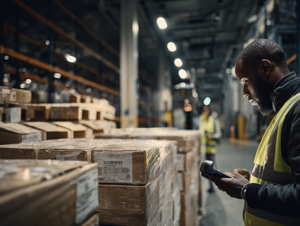 quality supervisor in a high-visibility vest, no helmet, uses a rugged handheld scanner to inspect a pallet label showing batch number, best-before date, and location code