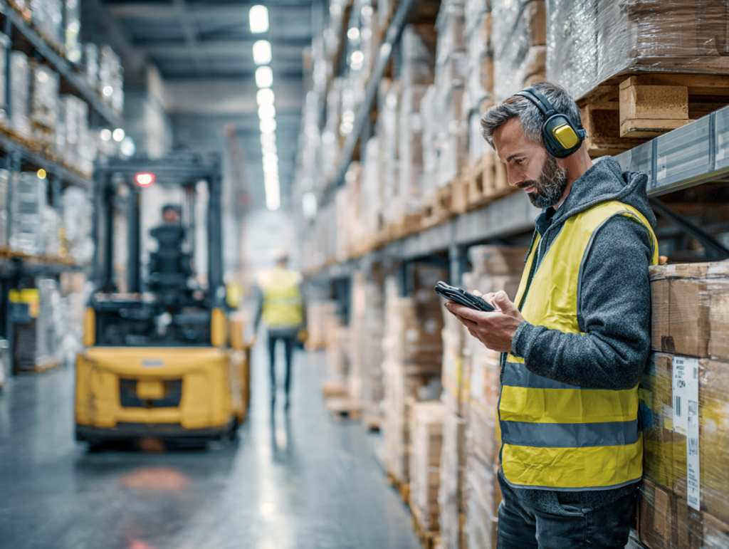 warehouse operations manager in a high-visibility vest, no helmet, reviews a rugged handheld device showing live RFID