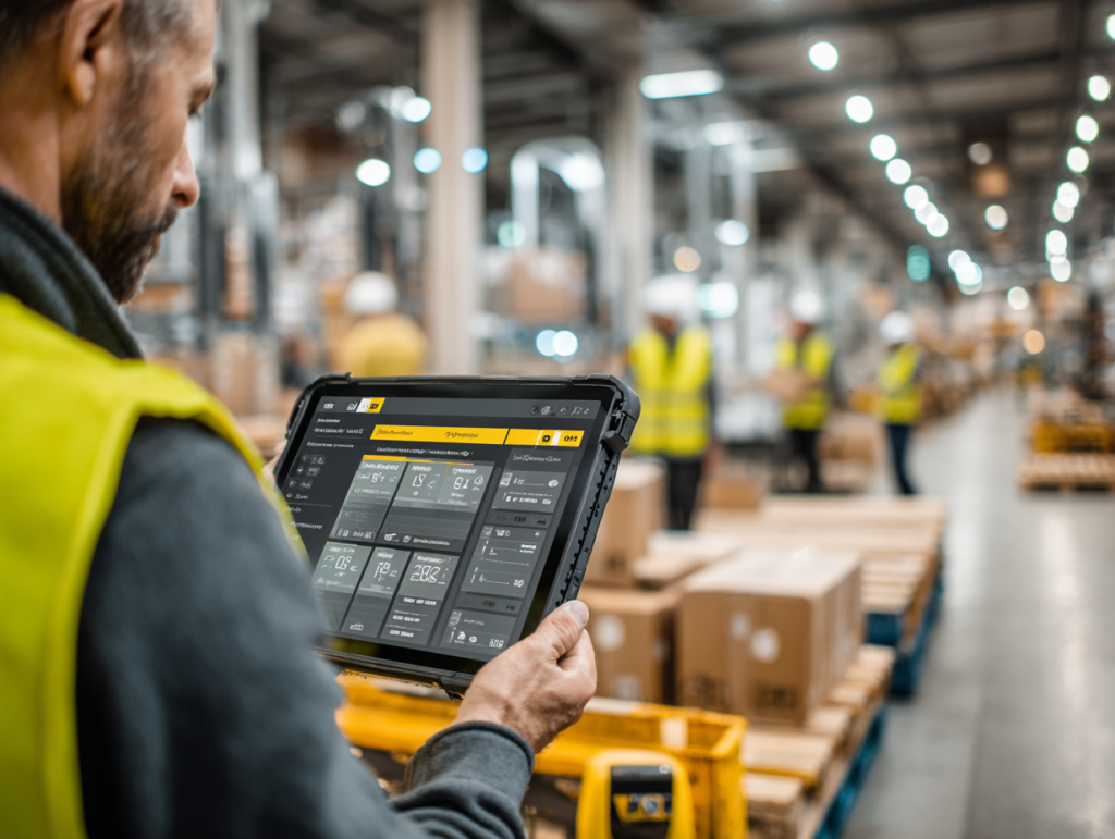 warehouse operations manager in a high-visibility vest, no helmet, holds a rugged tablet showing a live cloud WMS dashboard