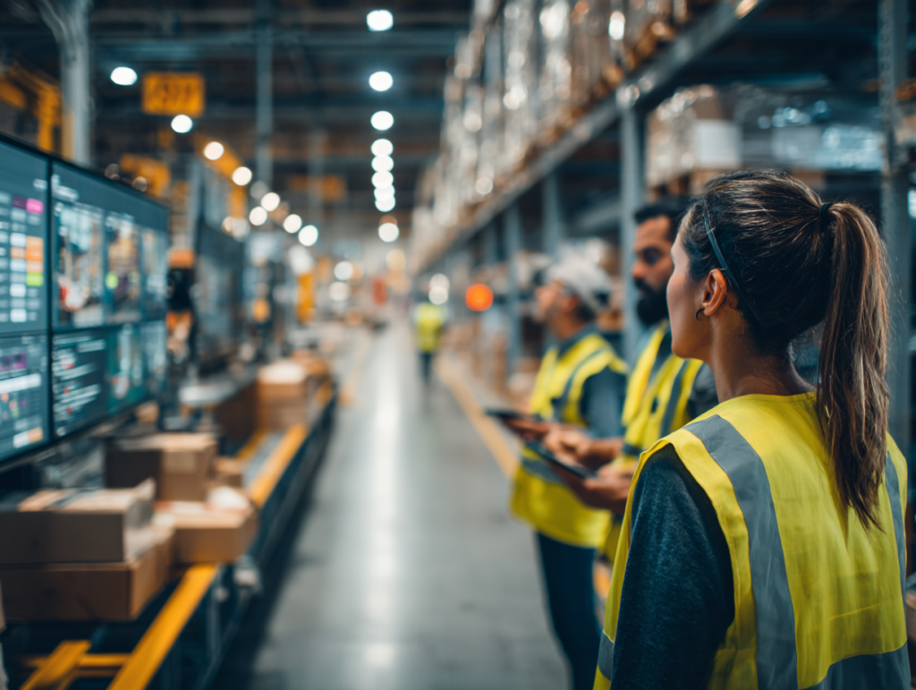 supply chain manager in a high-visibility vest, no helmet, stands beside a digital operations board reviewing live warehouse and transport updates