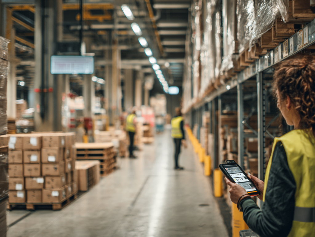warehouse operations manager in a high-visibility vest, no helmet, stands beside a pallet workstation holding a rugged handheld device displaying a live warehouse management system dashboard with inventory status