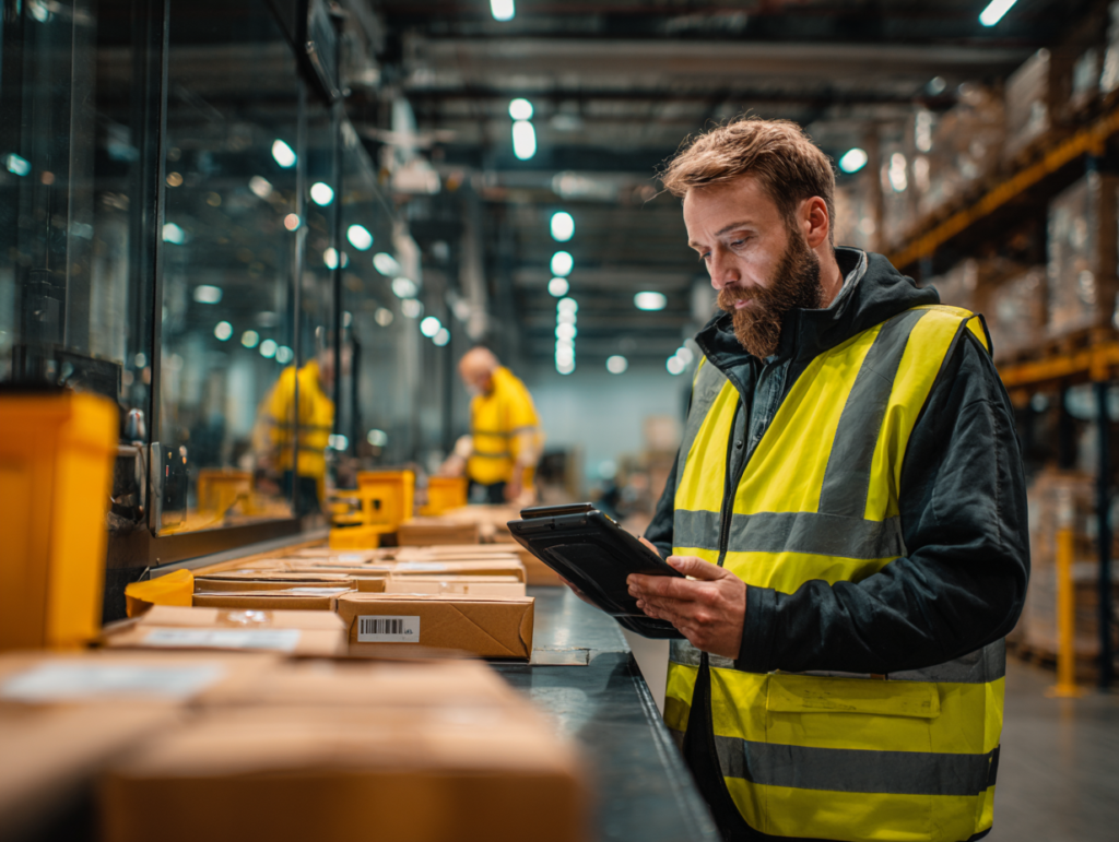warehouse finance manager in a high-visibility vest, no helmet, reviews a rugged tablet showing a live 3PL billing dashboard
