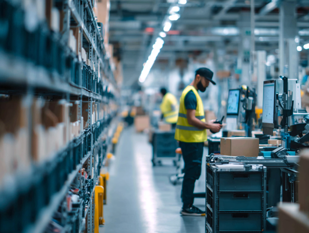 warehouse operative in a high-visibility vest, no helmet, uses a handheld barcode scanner while picking items into a rolling tote cart.