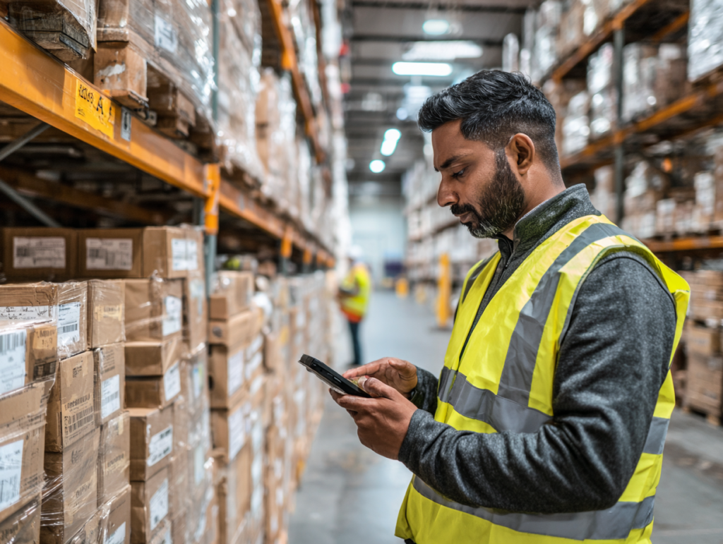 warehouse supervisor in a high-visibility vest, no helmet, reviews a live inventory reconciliation screen