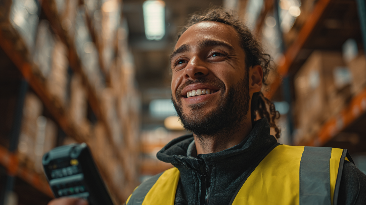 Happy warehouse operative follows simple handheld steps to complete tasks without errors.