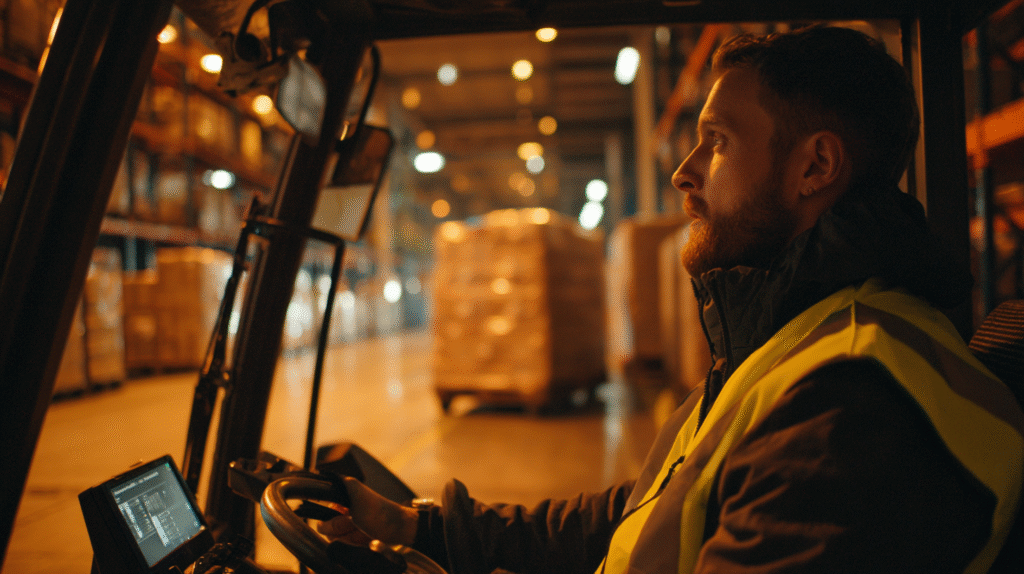 Warehouse Manager scans pallets at goods in, applies QC checks, and sends stock to directed putaway. Warehouse receiving goods.