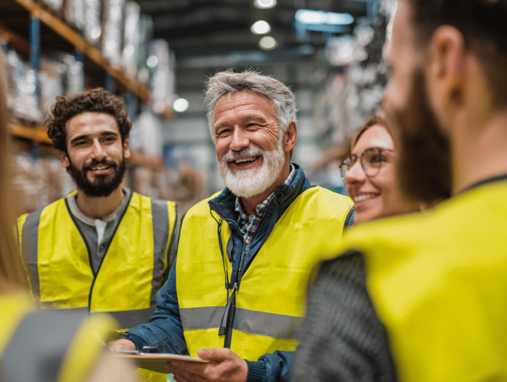 Happy whole warehouse manager with team