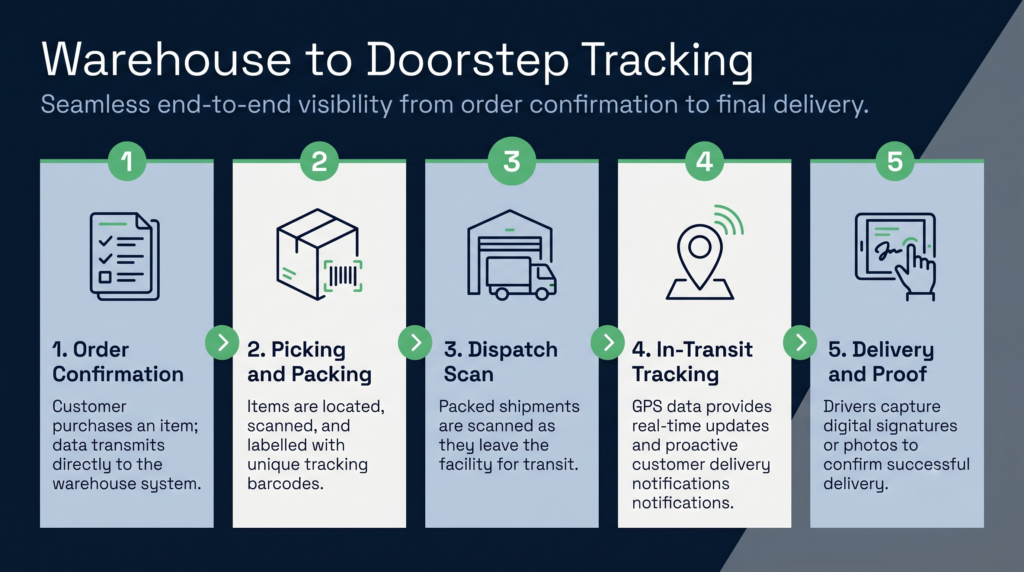 An infographic illustrating a five-step process for delivery tracking, starting from order confirmation and ending with delivery and proof.