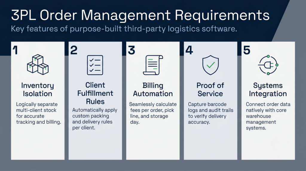 This infographic outlines the key features of third-party logistics order management software. It details five primary requirements: separating multi-client stock through inventory isolation; automatically applying custom packing and delivery rules; seamlessly calculating fees; capturing logs and audit trails to verify delivery; and connecting order data natively with core warehouse systems.