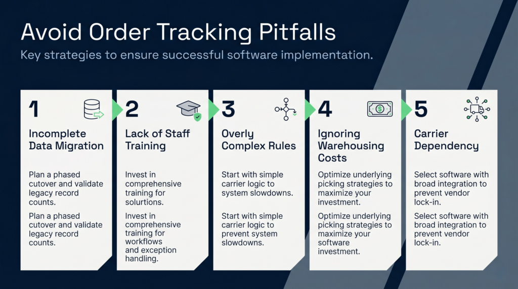 A horizontal 16:9 infographic titled "Avoid Order Tracking Pitfalls" set against a dark corporate blue background. The layout features five clean, white vertical panels aligned side-by-side, numbered one through five. Each panel addresses a specific strategy for successful software implementation: Incomplete Data Migration, Lack of Staff Training, Overly Complex Rules, Ignoring Warehousing Costs, and Carrier Dependency. Every column includes a simple dark line-art icon at the top and a short paragraph of explanatory text below the heading.
