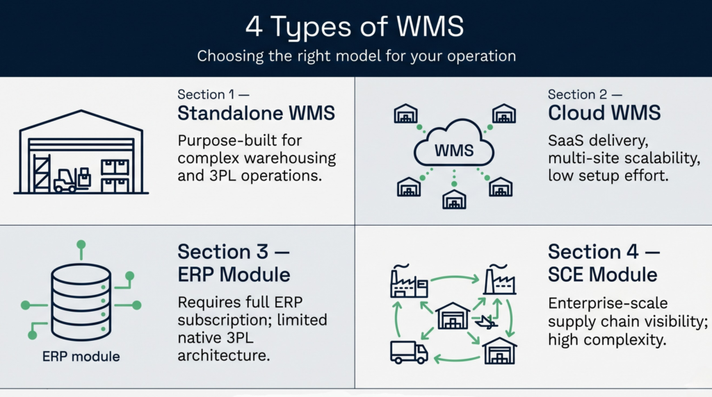 The four types of warehouse management system compared — standalone, cloud, ERP module, and SCE module