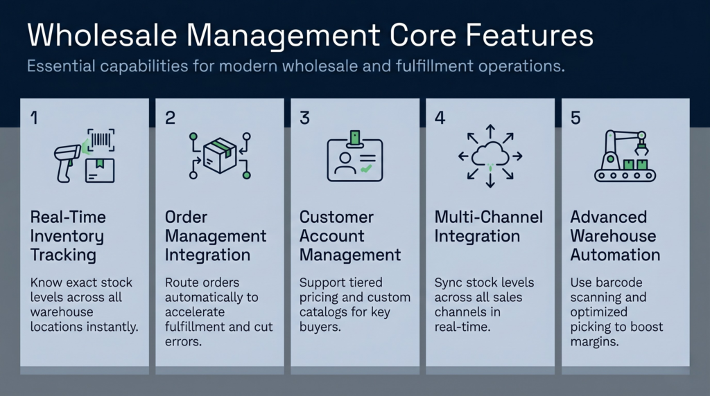 A flat vector infographic in a 16:9 horizontal layout with a deep blue background and five identical light grey column panels side-by-side. The main title reads "Wholesale Management Core Features" with the subtitle "Essential capabilities for modern wholesale and fulfillment operations." Each of the five matching panels displays a number from 1 to 5, a clean line-art icon with subtle green accents, a bold heading, and a short sentence describing a core software capability: Real-Time Inventory Tracking, Order Management Integration, Customer Account Management, Multi-Channel Integration, and Advanced Warehouse Automation.