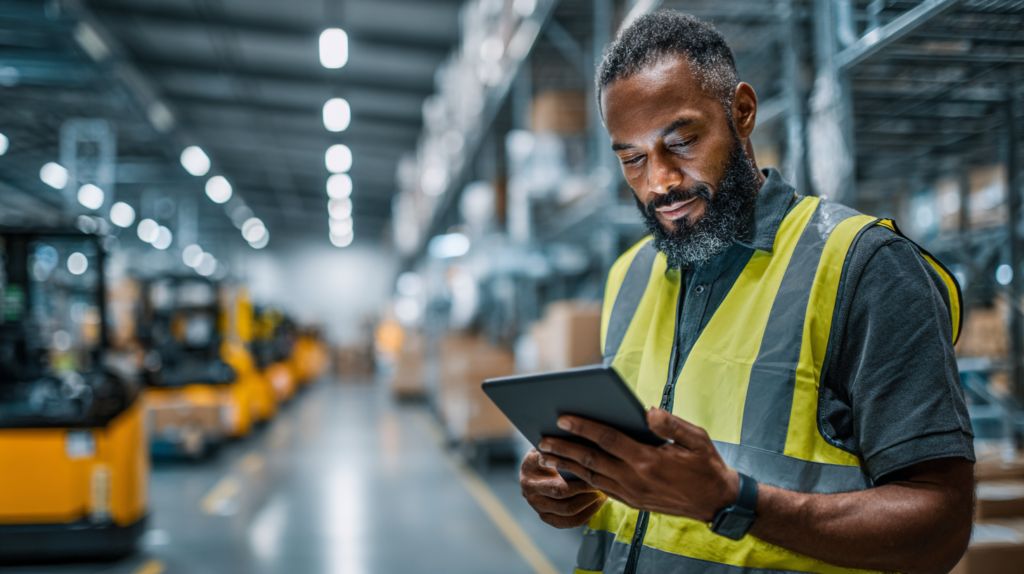A warehouse operations manager using WMS for Packaging & Containers on a tablet to monitor real-time inventory and production flow in a UK facility.