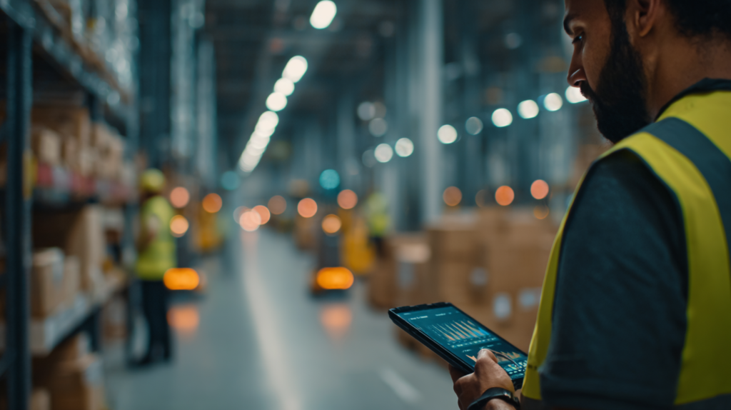 A focused British warehouse operations manager in a high-visibility vest (no helmet) studies a tablet showing an AI in warehouse management dashboard