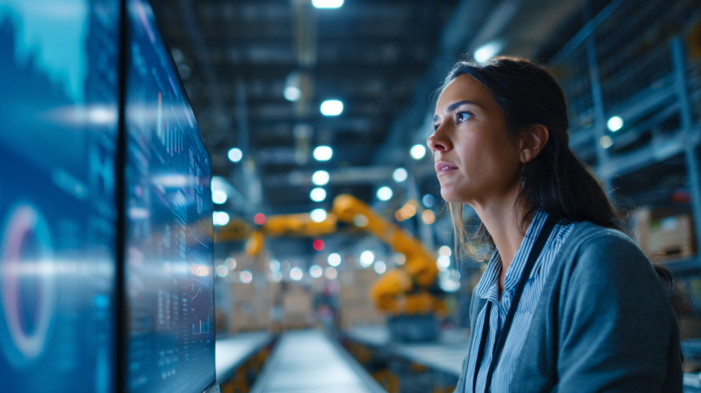 focused Latina logistics manager in smart business attire stands beside Astro WMS