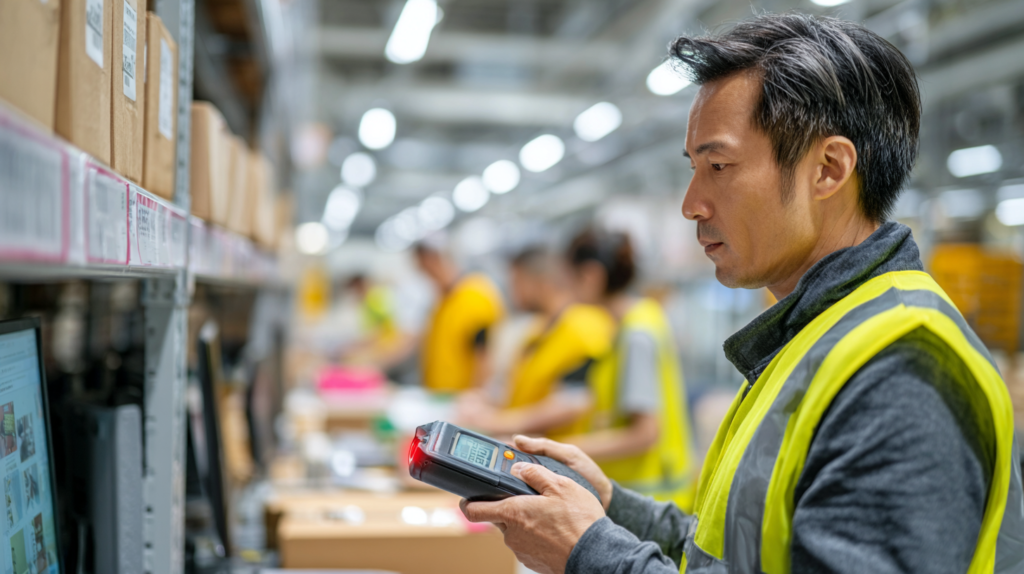 A focused warehouse supervisor in a high-visibility vest (no helmet) holds a handheld barcode scanner on Best Warehouse Management System Software