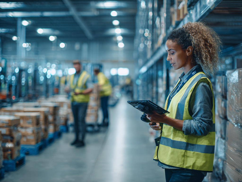 focused British warehouse manager in smart-casual attire sits at a multi-monitor workstation displaying WMS dashboard