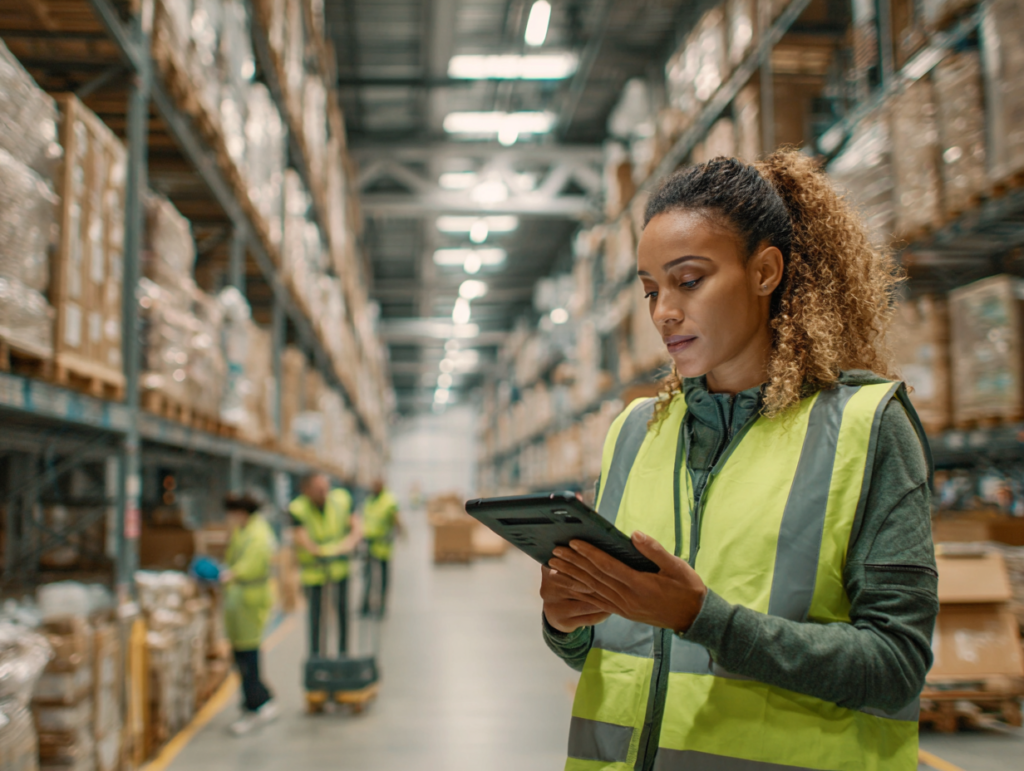 Female warehouse supervisor in a high-visibility vest, no helmet, holds a rugged handheld barcode scanner while reviewing a tablet displaying live AI-generated warehouse alerts