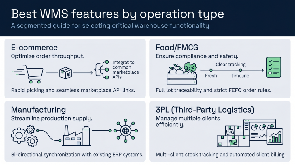 A four-panel infographic in a clean blue and grey palette displaying essential WMS features across four operation types. E-commerce focuses on rapid picking and marketplace API links. Food/FMCG highlights full lot traceability and strict FEFO order rules. Manufacturing outlines bi-directional ERP system synchronization. 3PL showcases multi-client stock tracking and automated billing.