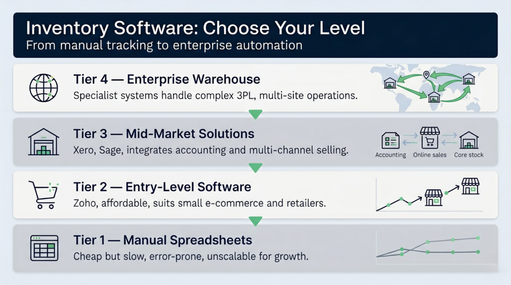 Comparison matrix showing features of manual spreadsheets, entry-level software like Zoho, mid-market solutions like Xero, and enterprise warehouse management systems with capability scores.