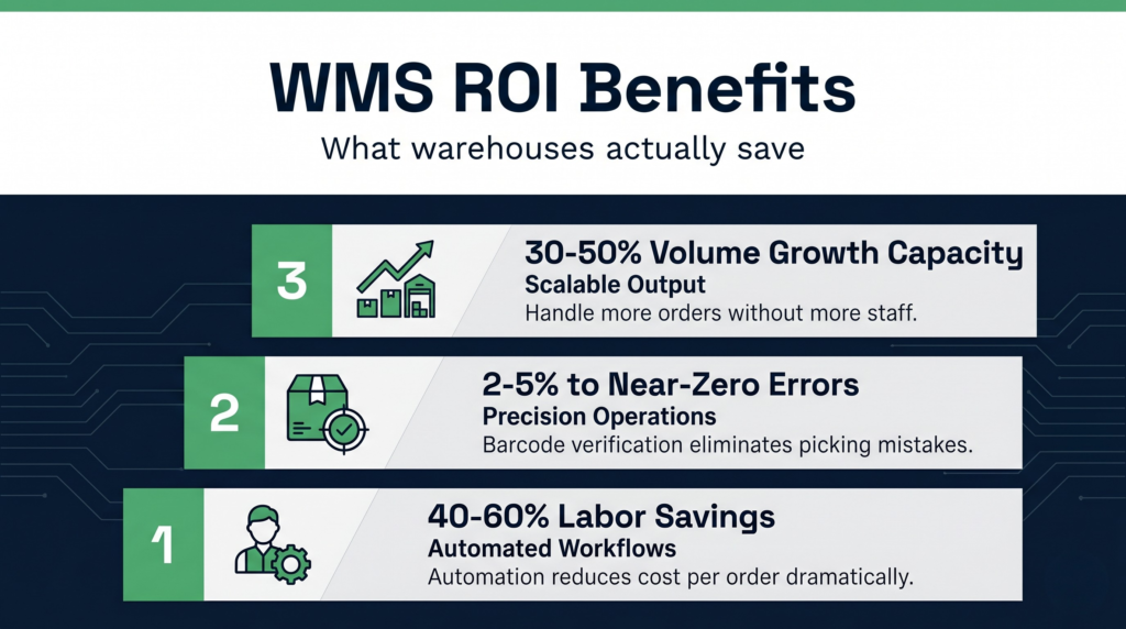 Cost breakdown showing how warehouse management system implementation delivers ROI through labor cost reduction, faster order fulfillment, and improved accuracy