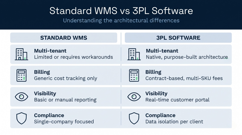 Comparison chart showing key differences between standard WMS and 3PL software providers across multi-tenant support, automated billing, customer visibility, and compliance isolation