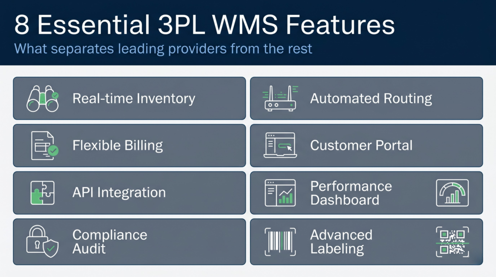 Feature checklist infographic showing 8 essential capabilities for 3PL operations