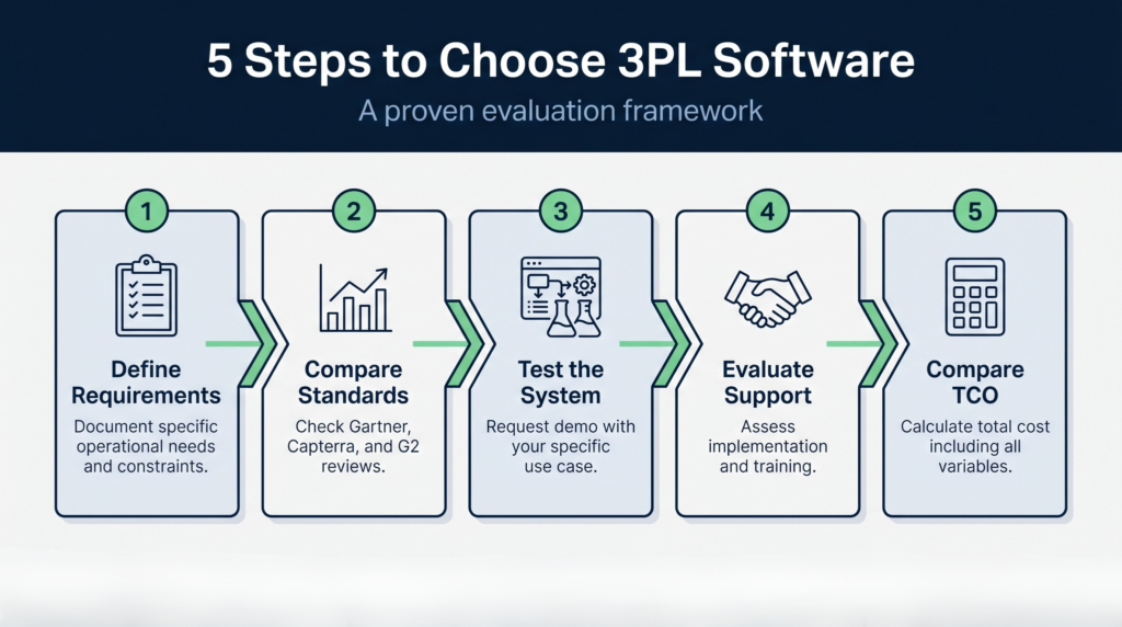 Implementation timeline showing 5-step 3PL software provider evaluation process