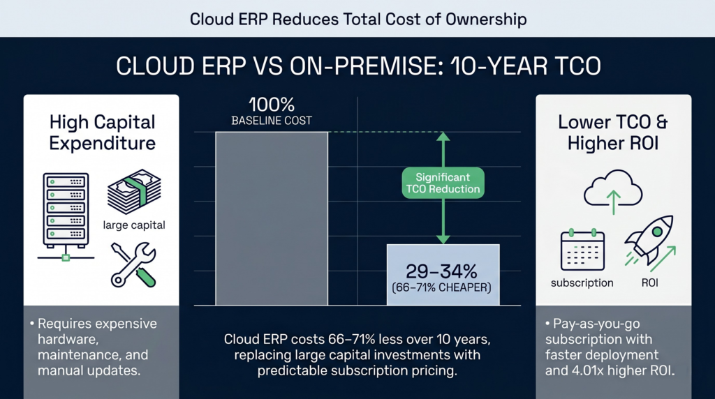 A 16:9 infographic comparing 10-year total cost of ownership. A bar chart shows On-Premise at a 100% baseline cost, while Cloud ERP is significantly lower at 29–34% cost (representing a 66–71% savings). Text panels emphasize that Cloud ERP replaces high capital expenditures with predictable subscription pricing and higher ROI.