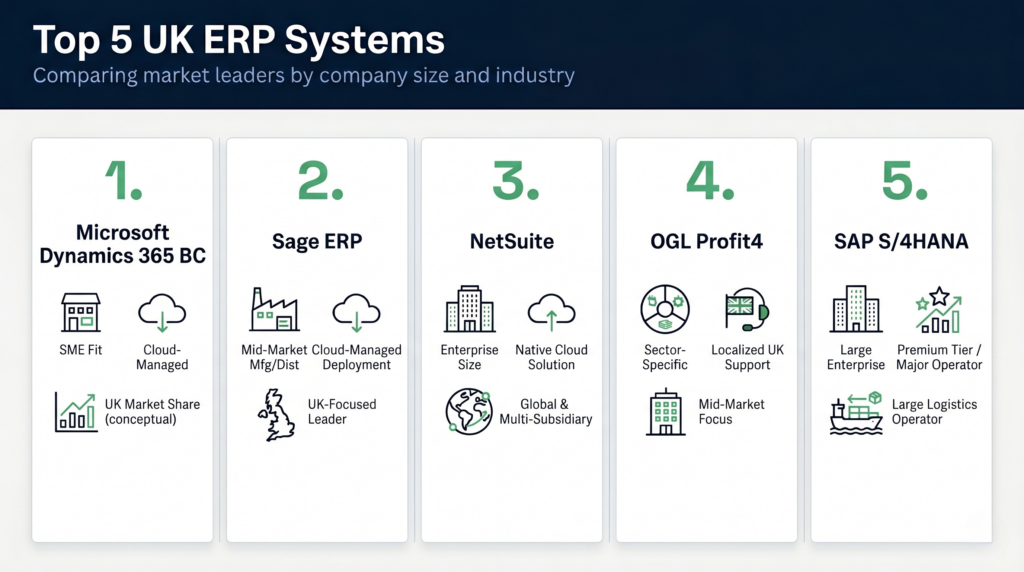 A horizontal 16:9 infographic titled "Top 5 UK ERP Systems: Comparing market leaders by company size and industry." The clean, corporate design features a dark blue header and five structured white panels ranking the software from 1 to 5 left to right: 1. Microsoft Dynamics 365 BC, 2. Sage ERP, 3. NetSuite, 4. OGL Profit4, and 5. SAP S/4HANA. Each panel uses minimalist line-art icons and brief labels to show company size fit, deployment models, and industry focus.