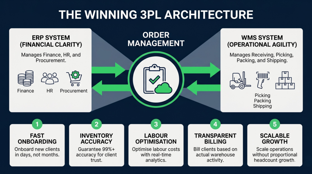A corporate tech infographic on a deep blue background mapping out a 3PL system flow diagram. In the center is a circular hub for Order Management, connected by green bidirectional sync arrows to an ERP System card on the left (covering finance, HR, and procurement) and a WMS System card on the right (covering picking, packing, and shipping). The bottom row features five numbered white cards highlighting the benefits of this integration: Fast Onboarding, Inventory Accuracy, Labour Optimisation, Transparent Billing, and Scalable Growth.