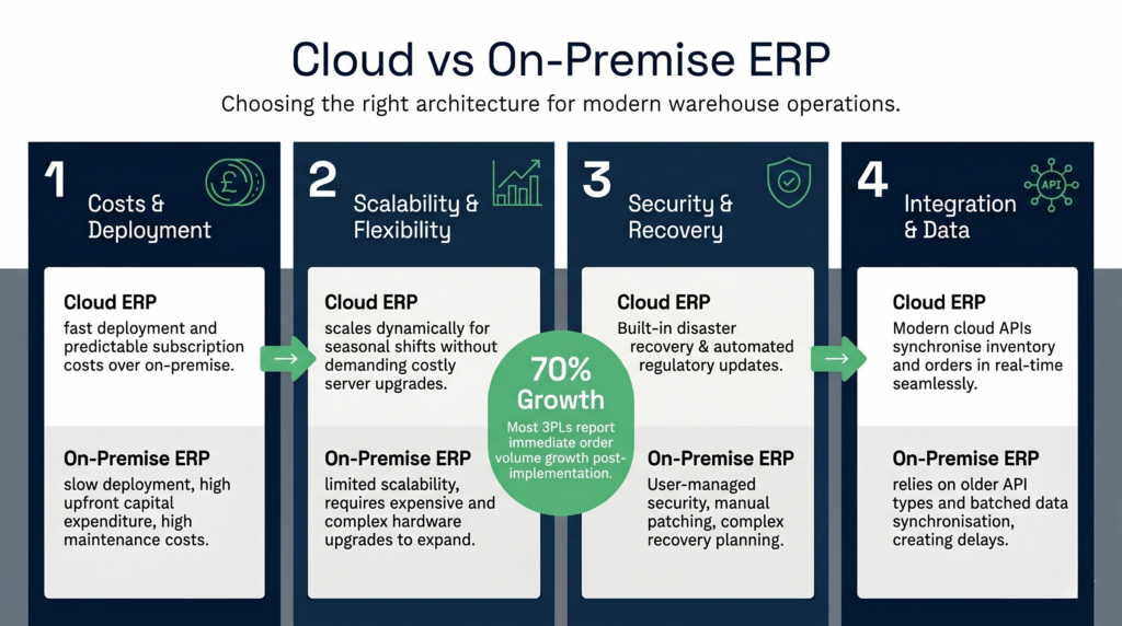 A professional 16:9 infographic comparing Cloud ERP versus On-Premise ERP for warehouse operations. The layout features a structured four-column grid detailing Costs & Deployment, Scalability & Flexibility, Security & Recovery, and Integration & Data. A prominent green circular badge in the center highlights a 70% growth metric for 3PLs. The design uses a tech-corporate palette of deep blue, white, grey, and selective action green accents with clear, scannable typography.