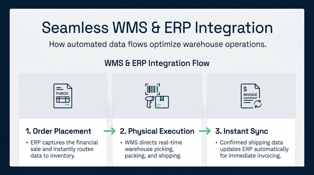 A horizontal infographic titled "Seamless WMS & ERP Integration" illustrating a three-step automated data flow: 1. Order Placement, 2. Physical Execution, and 3. Instant Sync, showing how data loops between systems to optimize warehouse operations.