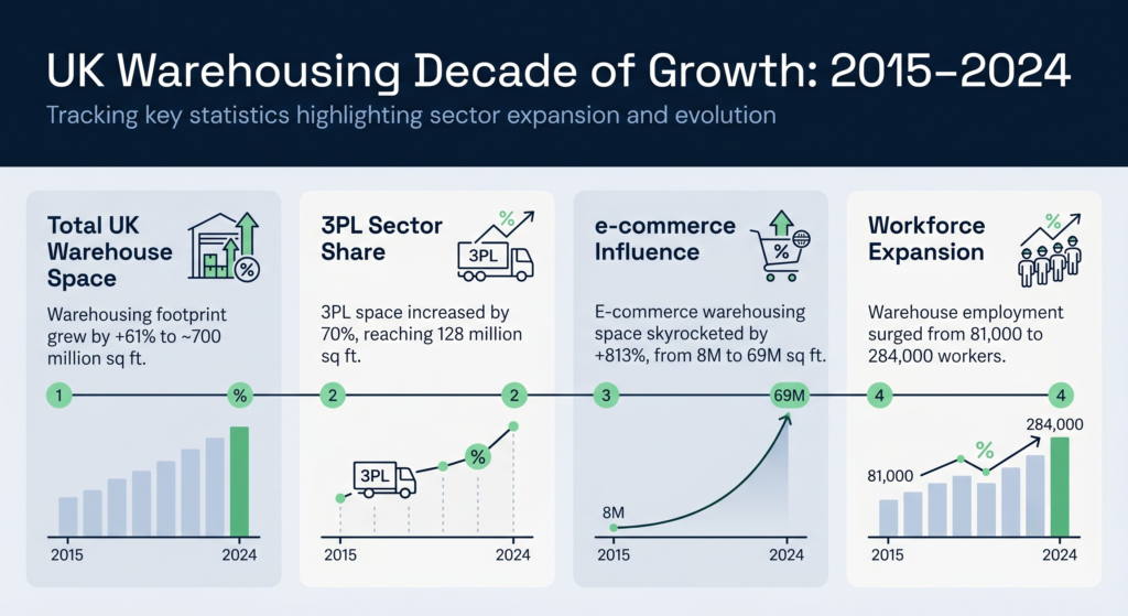 This infographic, titled "UK Warehousing Decade of Growth: 2015–2024," details the sector's significant expansion. It shows that total UK warehouse space grew by +61% to approximately 700 million square feet. 3PL sector space increased by 70%, reaching 128 million square feet. E-commerce warehousing space skyrocketed by +813%, from 8 million to 69 million square feet. Warehouse employment surged from 81,000 to 284,000 workers.