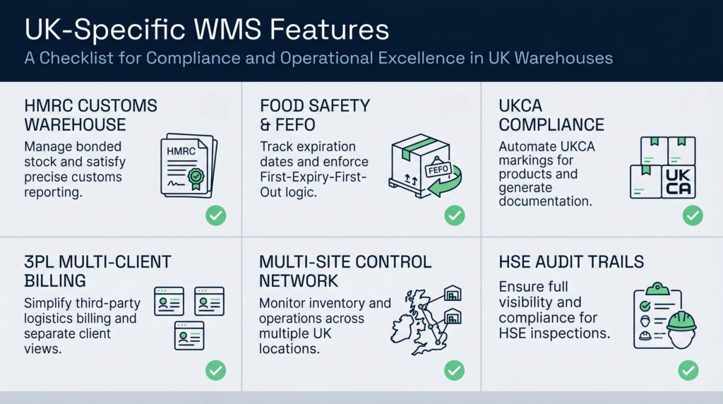 A clean, professional horizontal infographic titled "UK-Specific WMS Features" with the subtitle "A Checklist for Compliance and Operational Excellence in UK Warehouses." The design uses a corporate blue and light grey color palette arranged in a balanced three-by-two grid. Six key warehouse management features are displayed with minimalist line-art icons and distinct green checkmarks: HMRC customs warehouse management, food safety and FEFO traceability, UKCA compliance documentation, 3PL multi-client billing, multi-site control networks, and HSE audit trails. Each module contains a brief, clear description explaining its operational or compliance benefit.