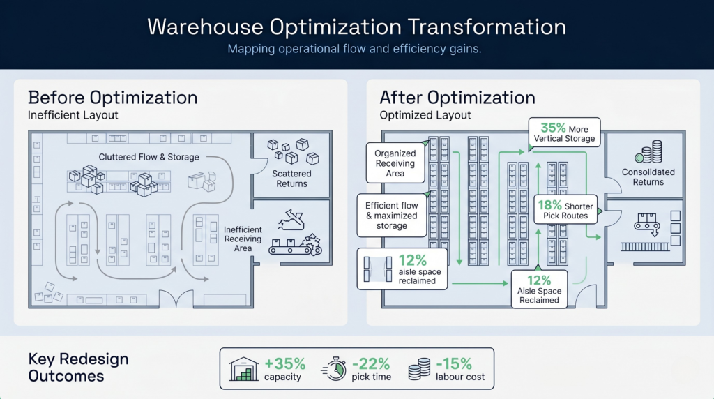Warehouse layout before-and-after visual showing space optimization improvements across receiving, storage, and dispatch zones