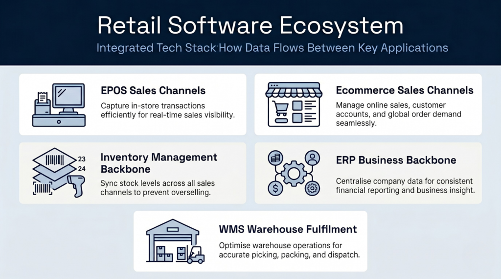 Five connected boxes showing retail software stack: EPOS/POS at shop level, ecommerce at online level, inventory in the middle, ERP pulling data from all, and WMS at warehouse level. 