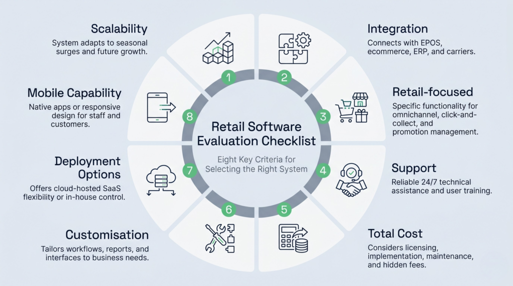 Eight checklist criteria for evaluating retail software displayed as icons with labels: scalability, integration, retail-specific features, support quality, total cost of ownership, customisation, cloud vs on-premise, and mobile capability.