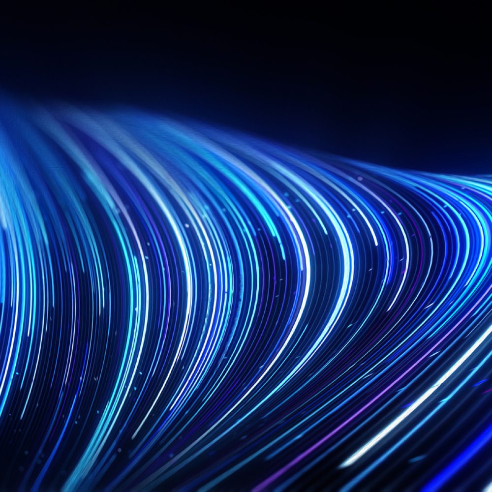 Abstract lines flowing dynamic pattern in blue colors on black background for concept of AI technology.